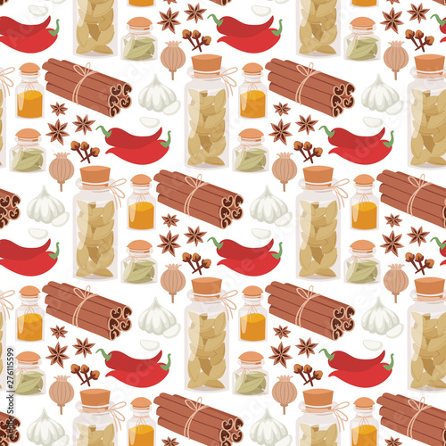 Seasoning food herbs natural healthy spices condiments organic vegetable vector ingredient seamless pattern background.