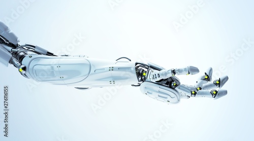 Fototapeta Naklejka Na Ścianę i Meble -  Artificial futuristic robotic arm with asking gesture, 3d render / Robotic arm stretched