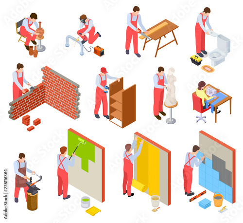 Craftsman isometric. Plumber blacksmith mason welder seamstress potter carpenter. Handyman vector characters 3d isolated set. Craftsman carpenter and handyman, blacksmith and welder illustration