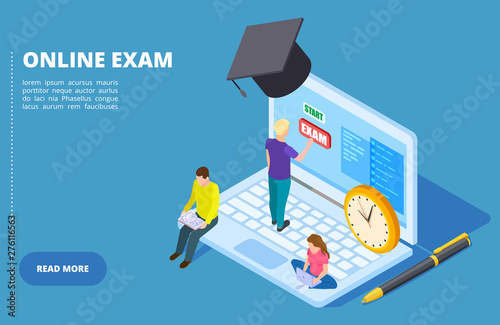 Online exam vector isometric. Online education and examination concept with students. Illustration of isometric examination online, education and training