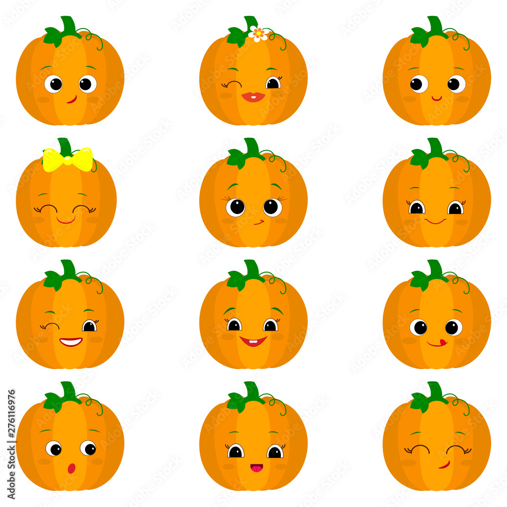 Set of twelve cute kawaii pumpkin vegetable characters different emotions and accessories in cartoon style. Vector illustration, flat design.
