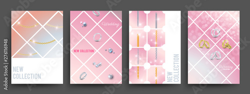 New collection jewelry banners vector template. Gold and silver chains, diamonds, wedding rings illustration. New collection luxury jewel, elegance product