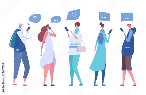 People using smartphones. Vector virtual communication concept. Illustration of woman and man use smartphone for communication