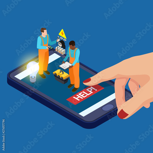 Mobile app electrician services isometric vector concept. Illustration of equipment and worker repair electrical
