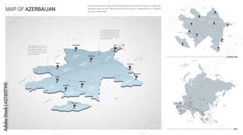 Vector set of Azerbaijan country. Isometric 3d map, Azerbaijan map, Asia map - with region, state names and city names. Fonts : Myriad Pro, Roboto