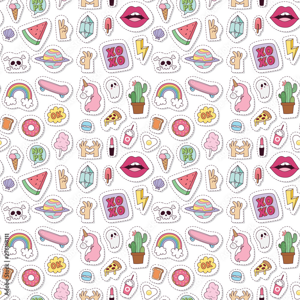 Hipster patches elements hand drawn cute fashionable stickers doodle pop art sketch pins comic seamless pattern background vector ilustration.