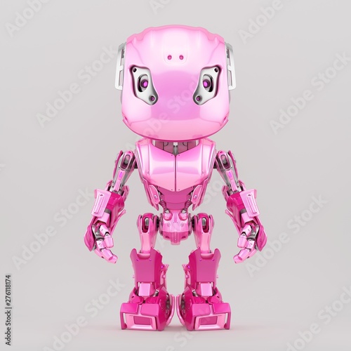 Robot character in girlish pink color, front view 3d rendering