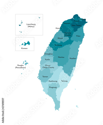 Vector isolated illustration of simplified administrative map of Taiwan, Republic of China (ROC). Borders and names of the regions. Colorful blue khaki silhouettes photo
