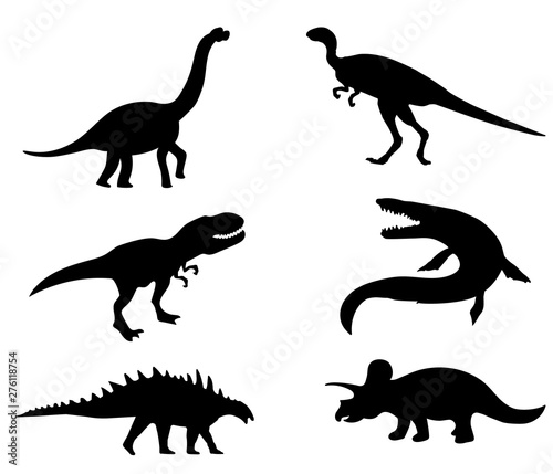 Dinosaurs and Jurassic dino monsters icons. Vector silhouette of triceratops or T-rex, brontosaurus or pterodactyl and stegosaurus, pteranodon or ceratosaurus and parasaurolophus reptile