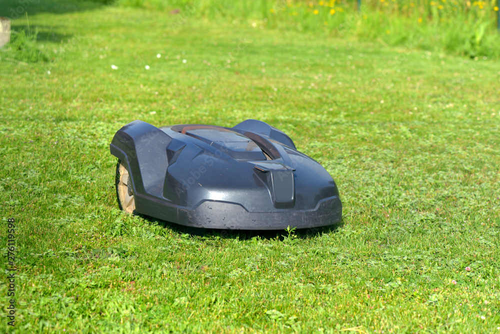 robotic lawnmower on the grass in garden robotic lawnmower on the grass in garden