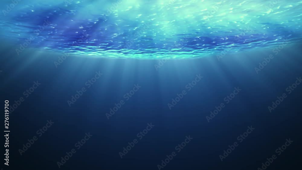 Beautiful underwater sea scene view  and ripples with sun light beams shining from above coming through the deep clear blue water causing a beautiful ocean waves ripple. Seamless loop.