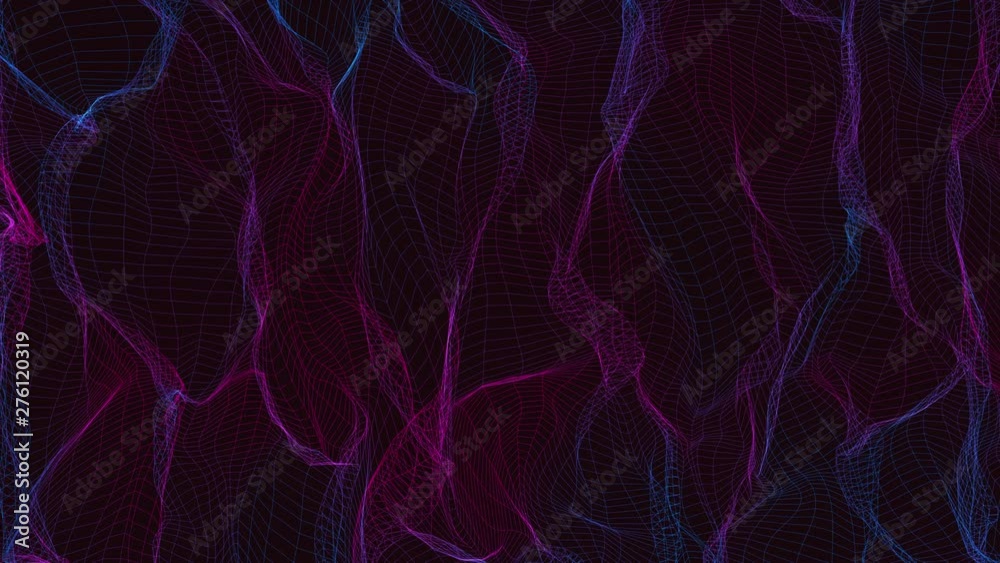 Technology abstract network colorful background. Futuristic wireframe lowpoly energy 3d animation loop CGI neon vaporwave