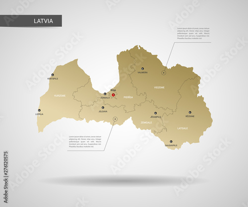 Stylized vector Latvia map.  Infographic 3d gold map illustration with cities, borders, capital, administrative divisions and pointer marks, shadow; gradient background. 
