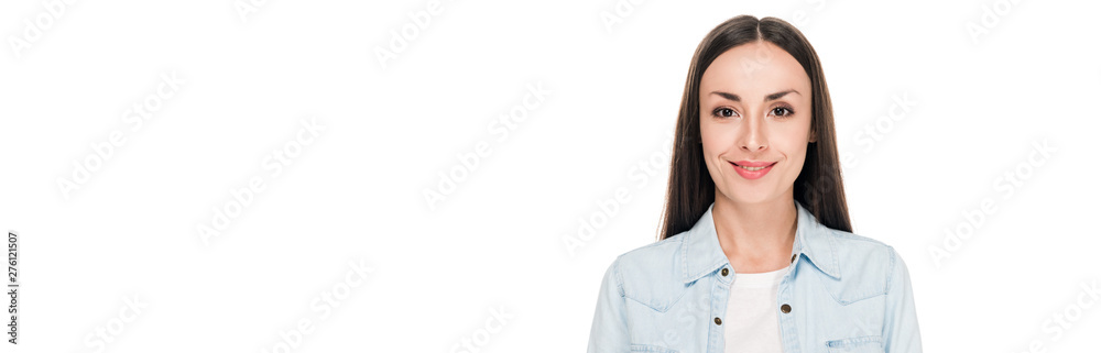 smiling brunette young woman isolated on white, panoramic shot smiling brunette young woman isolated on white, panoramic shot