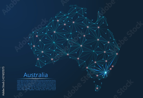Australia communication network map. Vector low poly image of a global map with lights in the form of cities in or population density consisting of points and shapes in the form of stars and space.