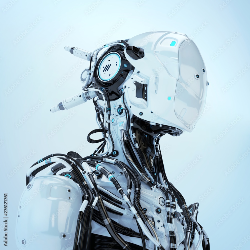 Futuristic robotic wired pilot in white Futuristic robotic wired pilot in white