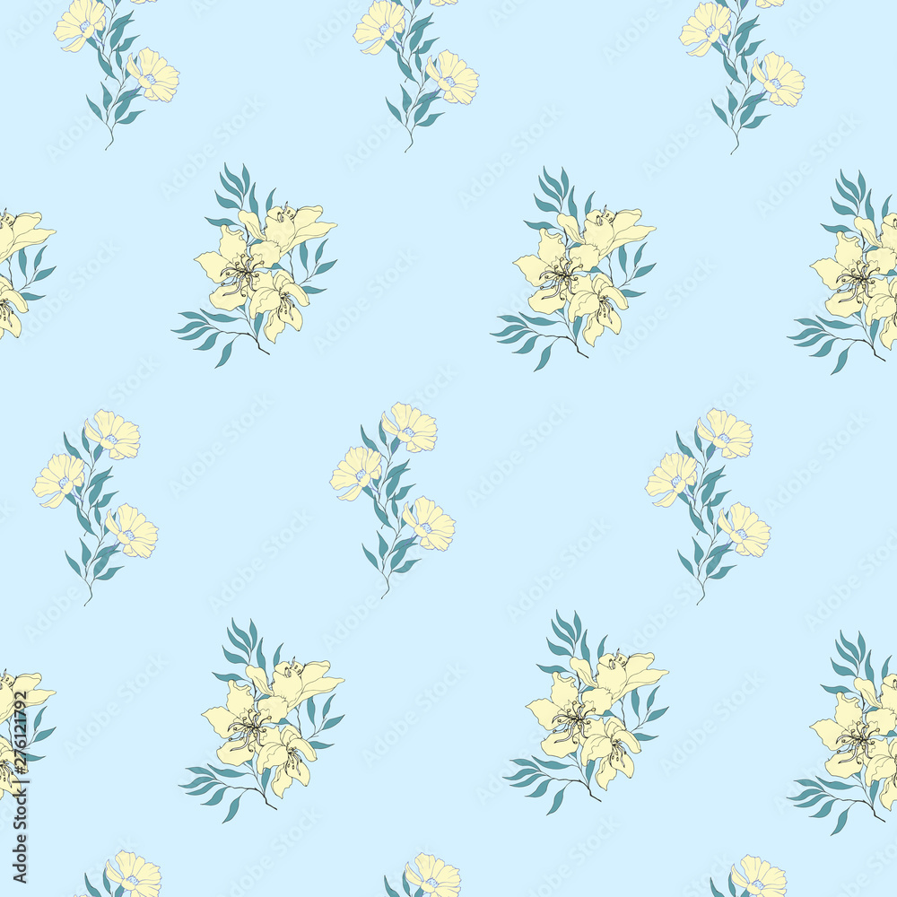 Floral background of delicate yellow flowers on blue. Vintage light seamless texture for cards, tiles, invitations, greetings and advertisements.