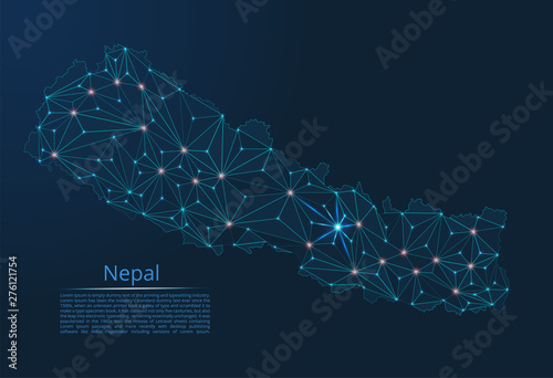 Nepal communication network map. Vector low poly image of a global map with lights in the form of cities in or population density consisting of points and shapes in the form of stars and space.
