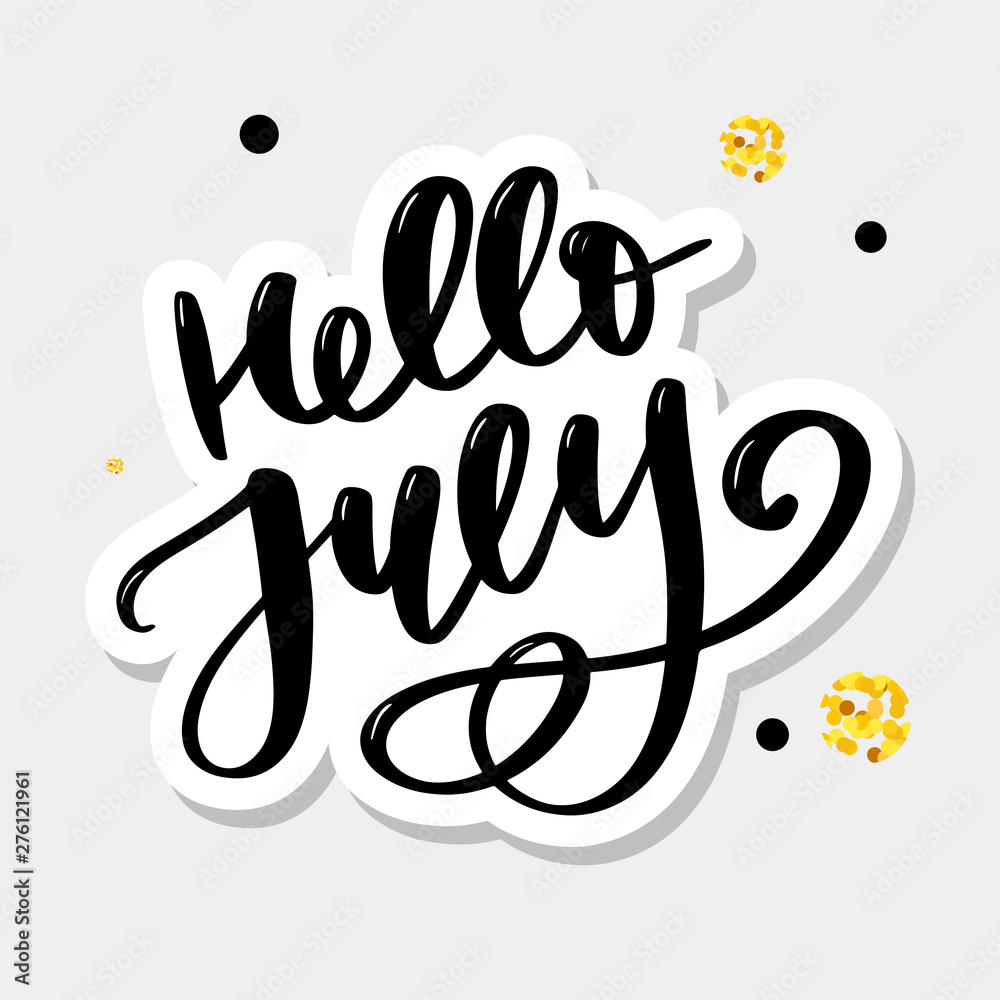Hello july lettering print. Summer minimalistic illustration. Isolated calligraphy on white background. Hello july lettering print. Summer minimalistic illustration. Isolated calligraphy on white background.