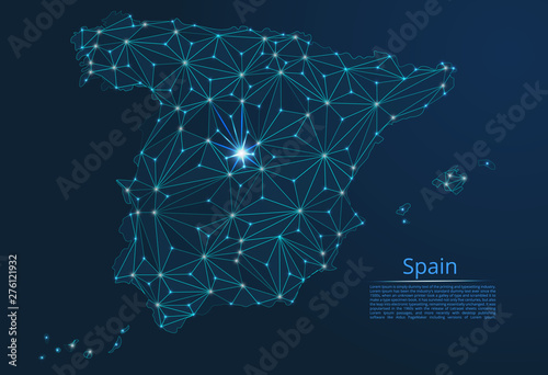 Spain communication network map. Vector low poly image of a global map with lights in the form of cities in or population density consisting of points and shapes in the form of stars and space.