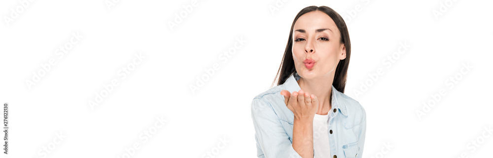 attractive young woman blowing kiss isolated on white, panoramic shot attractive young woman blowing kiss isolated on white, panoramic shot