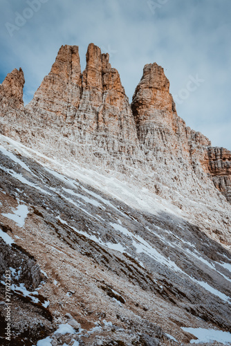 Beautiful summer view of the top of Vajolet Towers in the Dolomites mountains, Catinaccio Rosengarten range, Italy