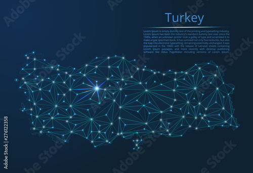 Turkey communication network map. Vector low poly image of a global map with lights in the form of cities in or population density consisting of points and shapes in the form of stars and space.