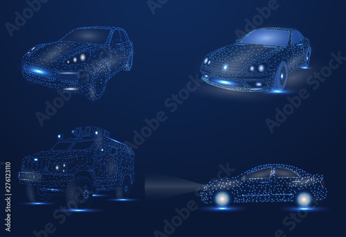 Abstract image of a car in the form of points and lines, triangles, broken glass. Business vector. Four cars