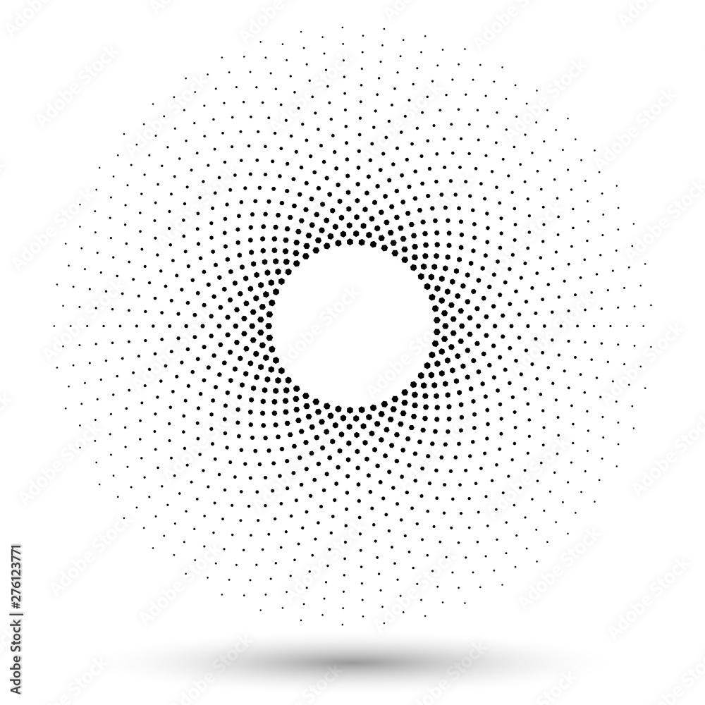 Halftone round as icon or background. Black abstract vector circle frame with hexagons as logo or emblem.