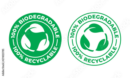 Biodegradable recyclable vector icon. Recycling, 100 percent bio recyclable and degradable package packet logo photo