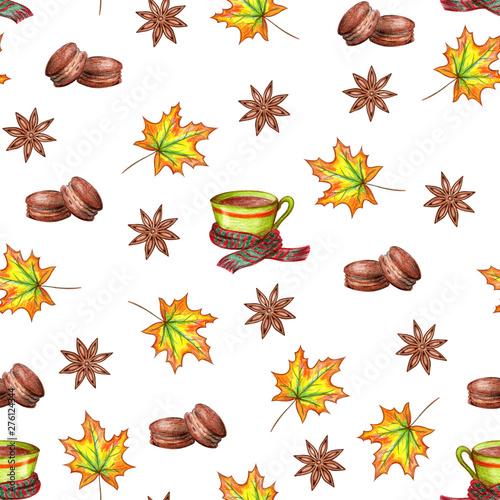 Autumn seamless pattern hand drawing. Autumn leaves, cinnamon, tea and biscuits. Design for fabric, textile, paper and greeting cards.