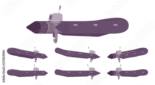 Inflatable boat with outboard motor. Black rubber vessel for rafting, fishing, water sport equipment, holiday trip. Vector flat style cartoon illustration isolated on white background, different views