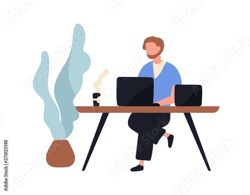 Adorable man sitting at desk and working on laptop computer. Cute young male employee, creative freelance worker or writer at workplace. Work routine. Flat cartoon colorful vector illustration.