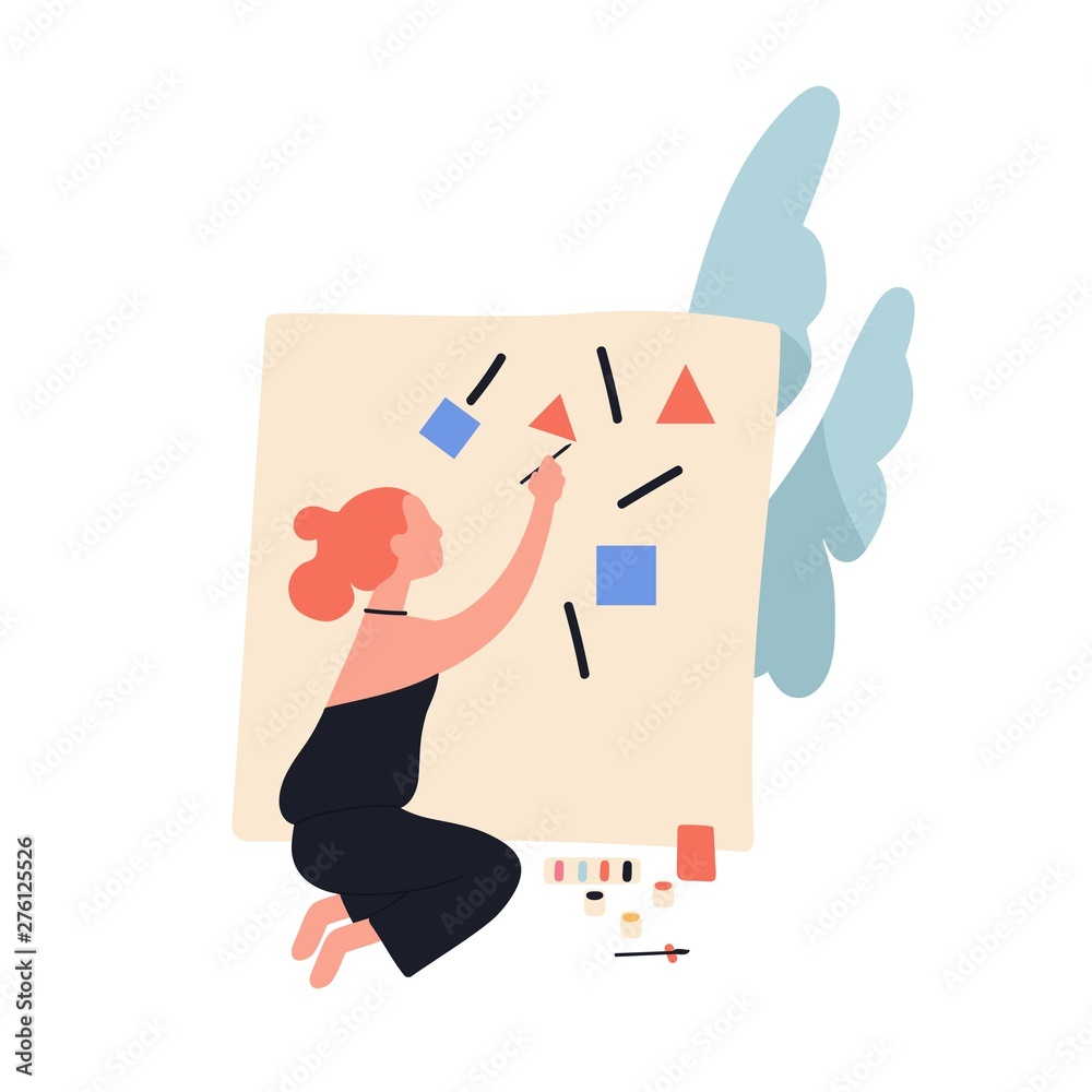 Adorable cute readhead woman painting abstract geometric shapes on canvas. Female contemporary artist creating picture. Young funny creative girl doing art. Flat modern cartoon vector illustration. Adorable cute readhead woman painting abstract geometric shapes on canvas. Female contemporary artist creating picture. Young funny creative girl doing art. Flat modern cartoon vector illustration.