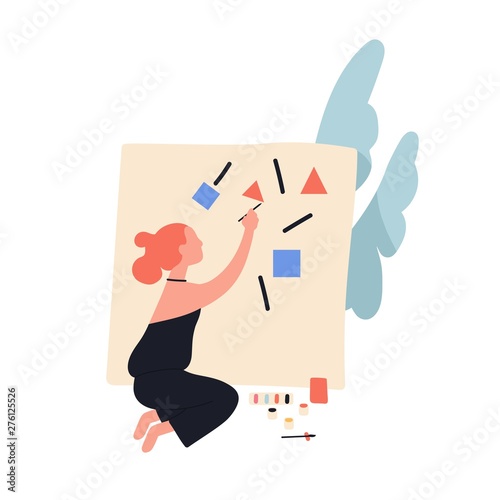 Adorable cute readhead woman painting abstract geometric shapes on canvas. Female contemporary artist creating picture. Young funny creative girl doing art. Flat modern cartoon vector illustration.