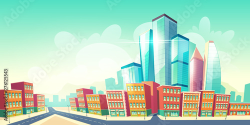 Growing future metropolis cartoon vector background with road near city old district houses  retro architecture buildings and new  modern skyscraper glass towers rising to sky in downtown illustration