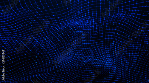 Wave with many dots. Network of particles connected by lines. Grid illustration. Cosmic background. 3d rendering.