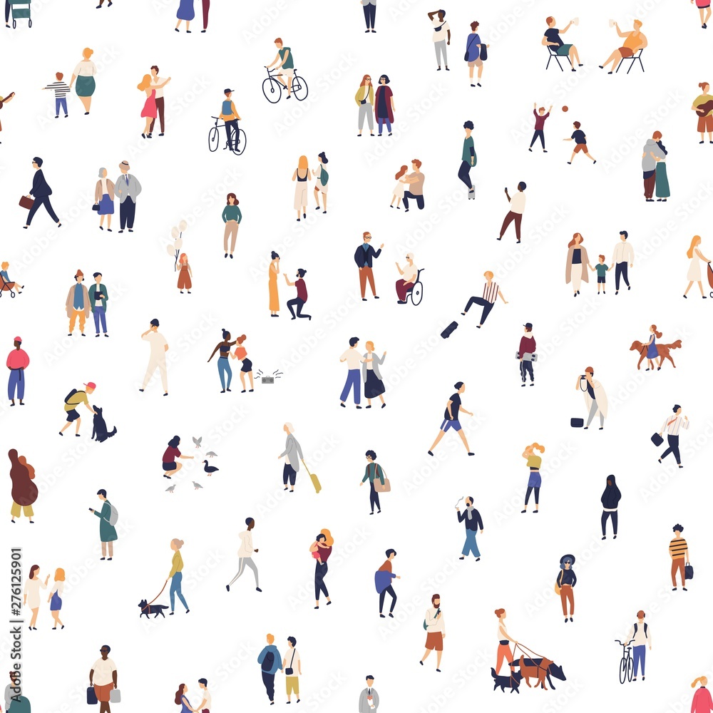 Modern seamless pattern with crowd of walking on street, riding bike, playing games. Backdrop with men, women and kids performing outdoor activities. Flat cartoon vector illustration for wallpaper.
