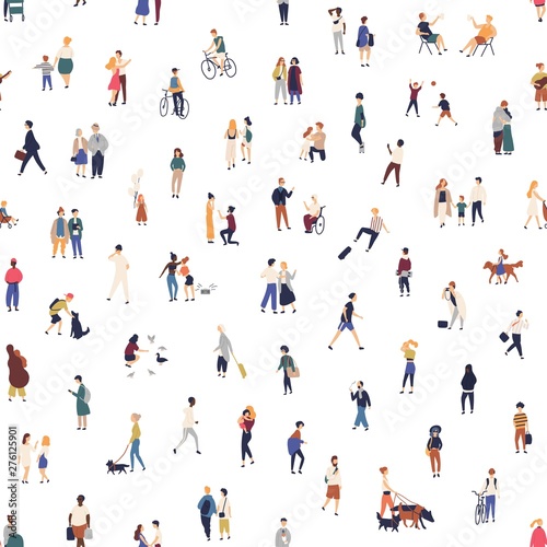 Modern seamless pattern with crowd of walking on street, riding bike, playing games. Backdrop with men, women and kids performing outdoor activities. Flat cartoon vector illustration for wallpaper.