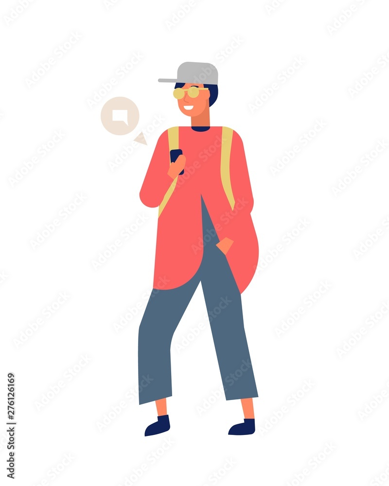 Cheerful man sending messages or texting on smartphone while walking. Happy boy surfing internet or using online messenger on mobile phone. Electronic communication. Flat cartoon vector illustration.