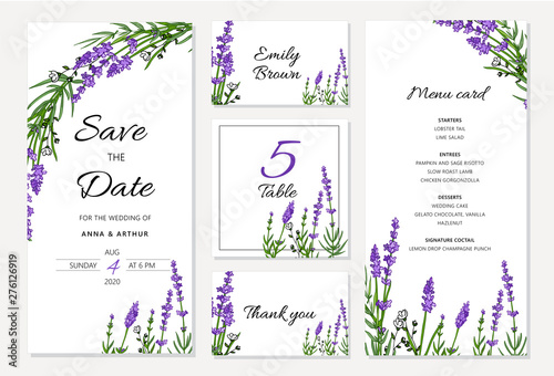 Wedding floral invitation set withlavender. Menu card, save the date and table cards, modern layout.