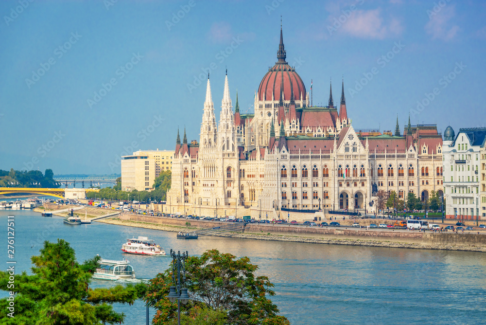 Aerial view of Budapest parliament and the Danube river, Hungary