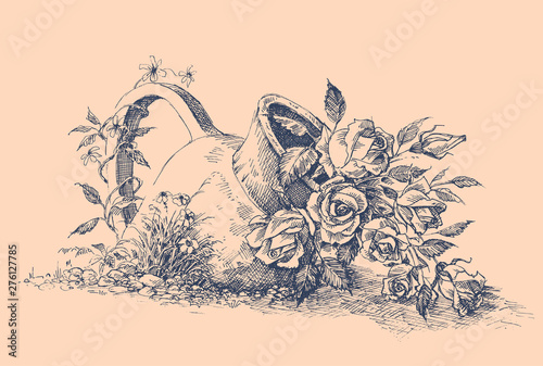 Flowers in ceramic pot in the garden vector hand drawing photo