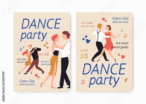 Bundle of flyer or poster templates for choreography school or studio, dance party, show or performance with pairs of elegant men and women dancing tango. Flat cartoon colorful vector illustration.