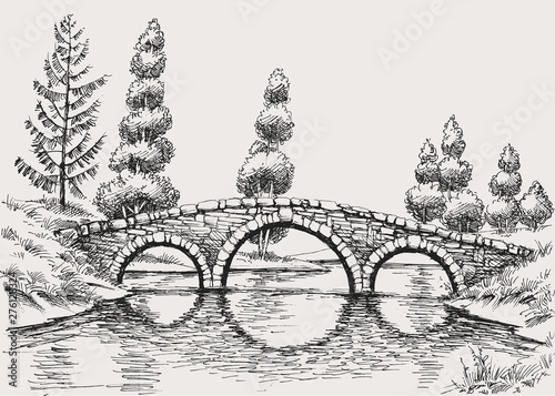 Stone bridge over river hand drawn landscape