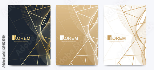 Modern vector template wedding invitation cards with marble texture background and golden geometric lines in the A4 size