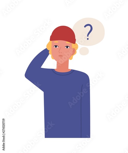 Cute pensive teenage boy isolated on white background. Funny thoughtful guy in hat and thought balloon with interrogation point. Young man thinking or contemplating. Flat cartoon vector illustration.