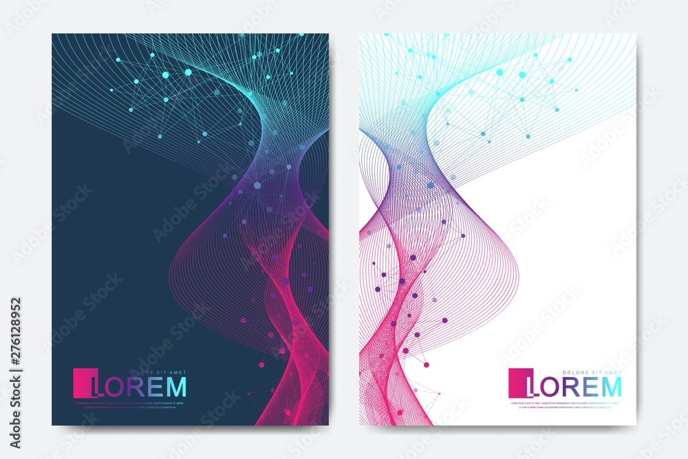 Modern vector template for brochure, leaflet, flyer, cover, catalog in A4 size. DNA helix, DNA strand, molecule or atom, neurons. Healthcare presentation with wawe flow, connected dots and line
