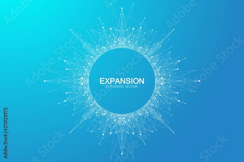 Expansion of life. Colorful explosion background with connected line and dots, wave flow. Visualization Quantum technology. Abstract graphic background explosion, motion burst, vector illustration. photo