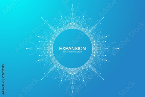 Expansion of life. Colorful explosion background with connected line and dots, wave flow. Visualization Quantum technology. Abstract graphic background explosion, motion burst, vector illustration.